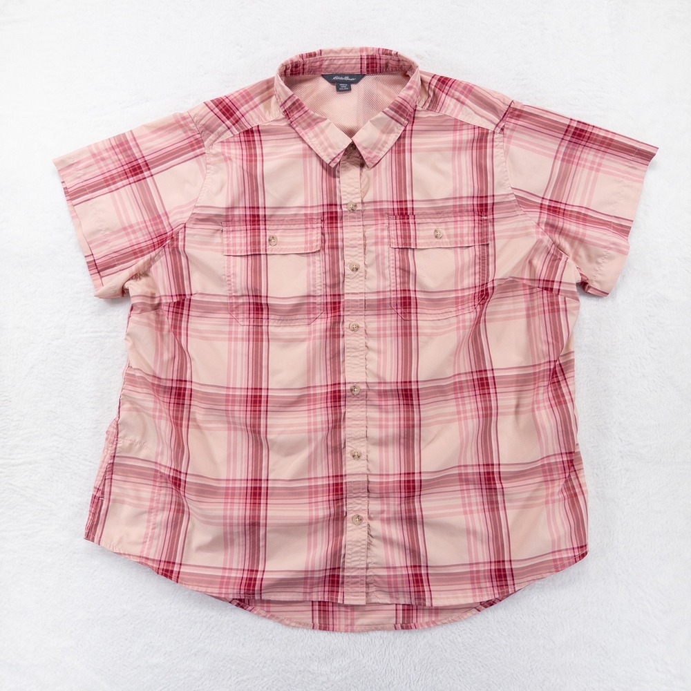 Eddie Bauer Womens Shirt XXL Pink Plaid Button Up Short Sleeve Hiking Outdoor